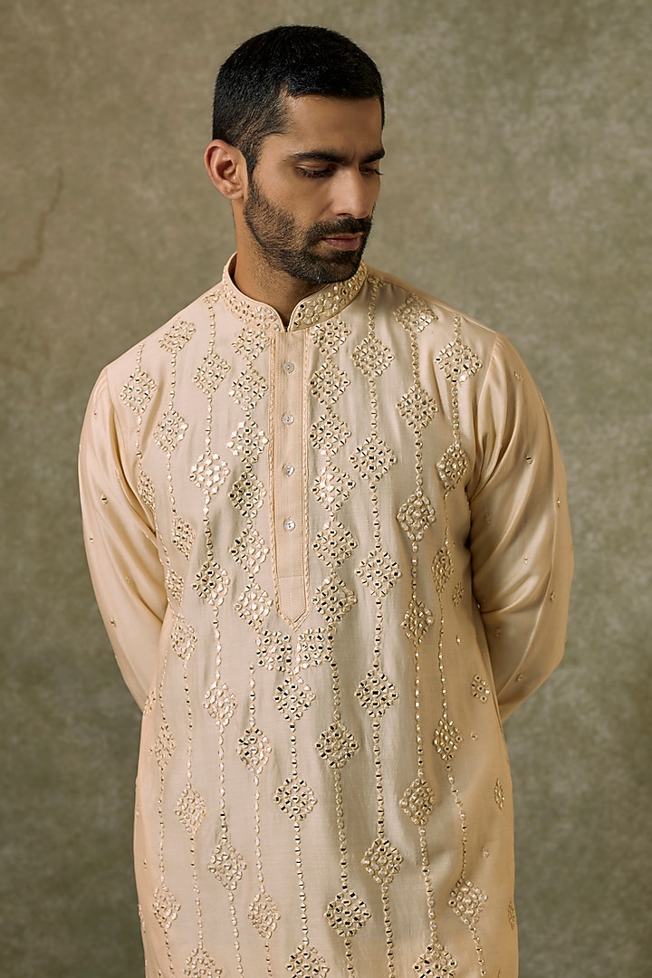 Beige Silk Blend Mirror Embroidered Kurta Set by SAMMOHAN at Pernia's Pop Up Shop