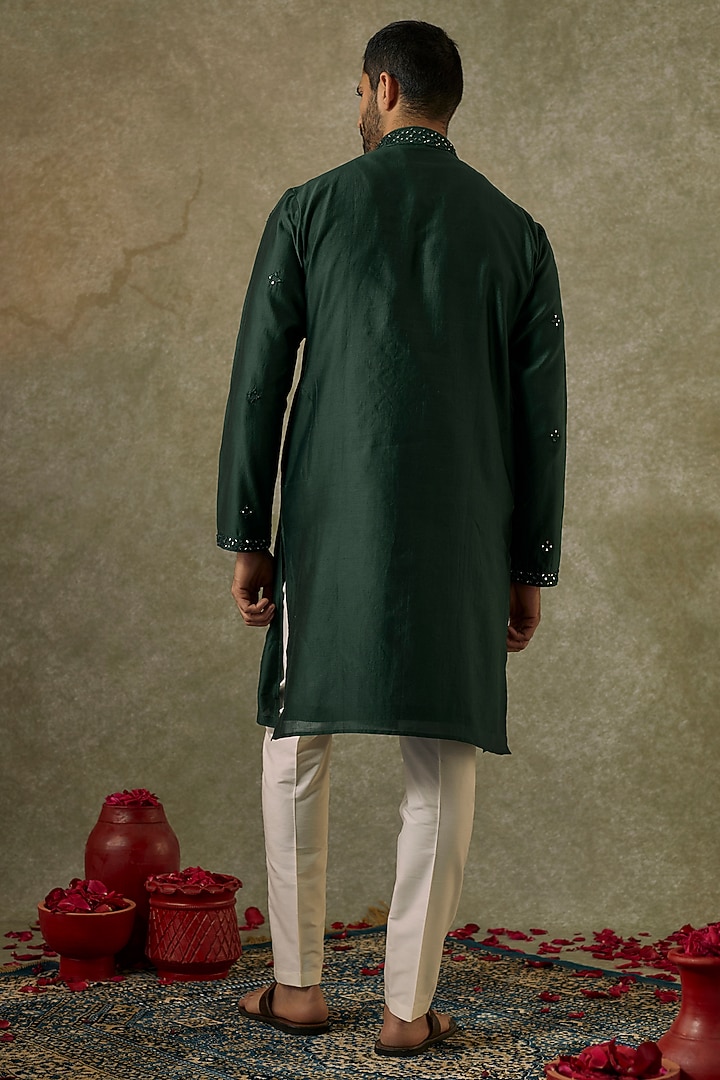 Emerald Green Silk Blend Mirror Embroidered Kurta Set by SAMMOHAN at Pernia's Pop Up Shop