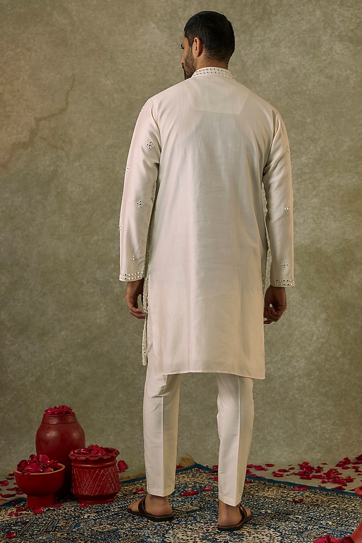 Ivory Silk Blend Mirror Embroidered Kurta Set by SAMMOHAN at Pernia's Pop Up Shop