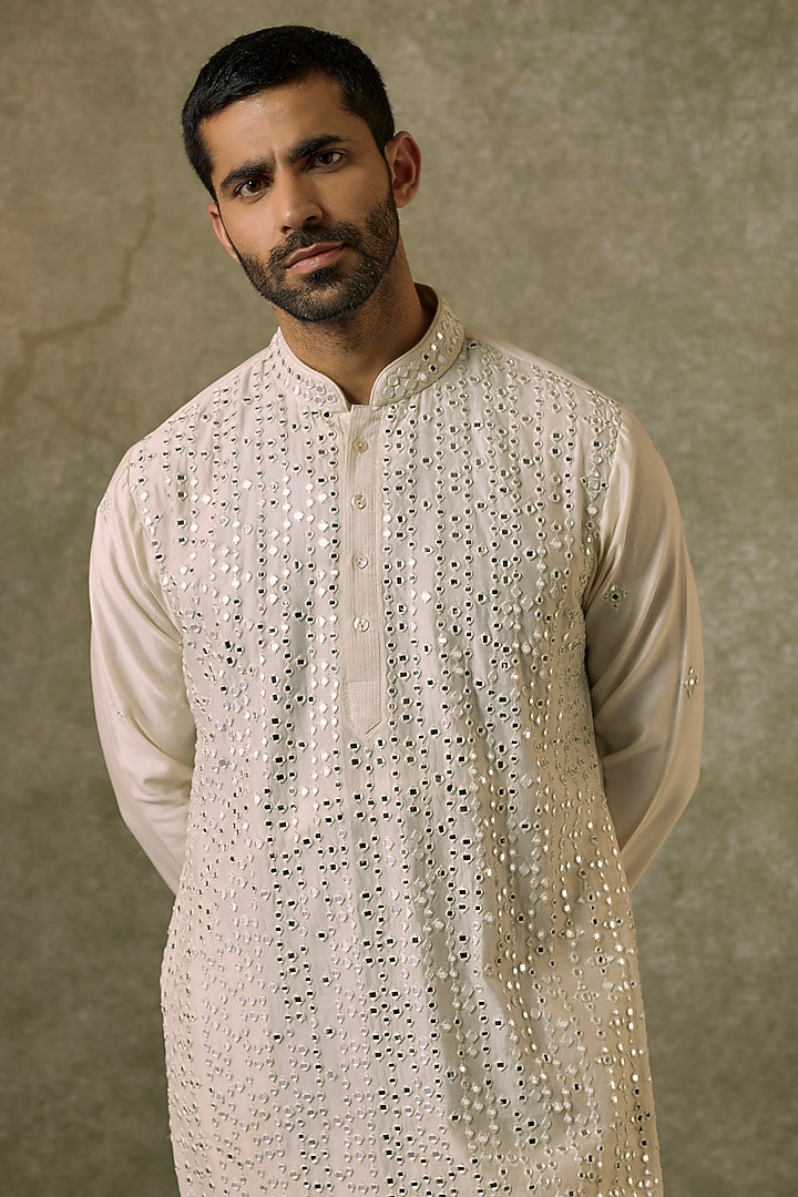 Ivory Silk Blend Mirror Embroidered Kurta Set by SAMMOHAN at Pernia's Pop Up Shop