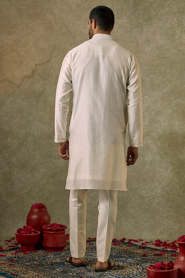 Ivory Silk Blend Mirror Embroidered Kurta Set by SAMMOHAN at Pernia's Pop Up Shop