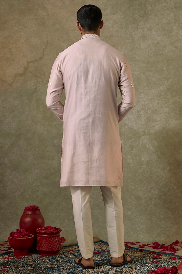 Baby Pink Silk Blend Mirror Embroidered Kurta Set by SAMMOHAN at Pernia's Pop Up Shop