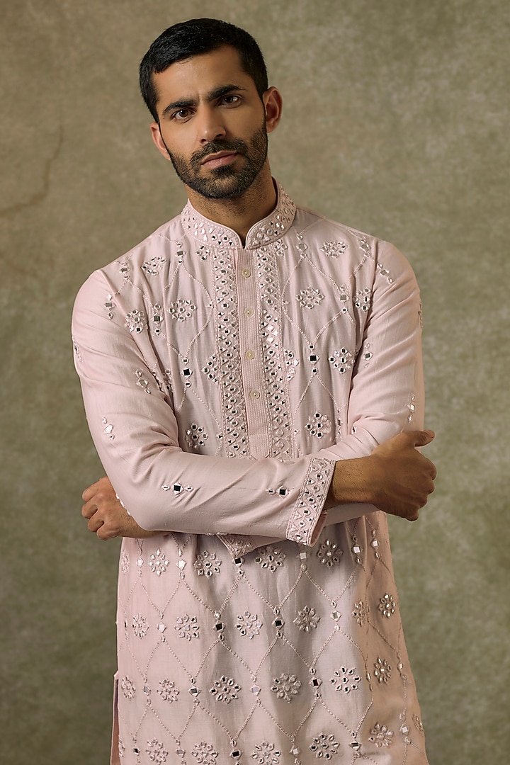 Baby Pink Silk Blend Mirror Embroidered Kurta Set by SAMMOHAN at Pernia's Pop Up Shop