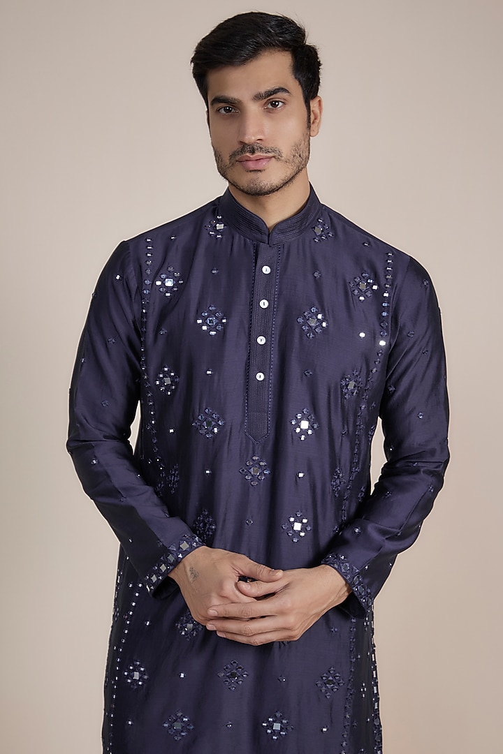 Navy Blue Silk Blend Resham Hand Embroidered Kurta Set by SAMMOHAN at Pernia's Pop Up Shop