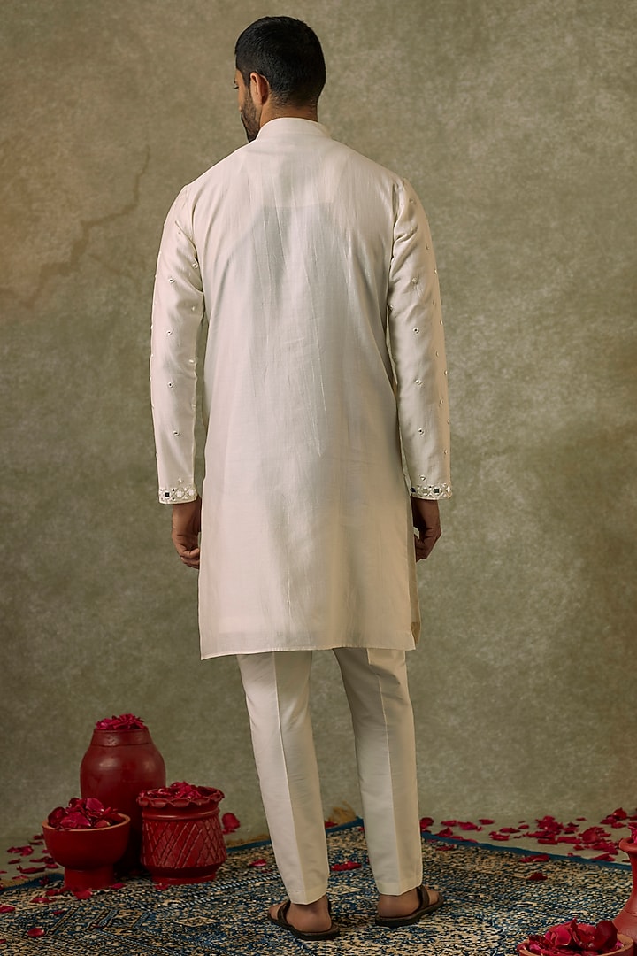 Ivory Silk Blend Mirror Embroidered Kurta Set by SAMMOHAN at Pernia's Pop Up Shop