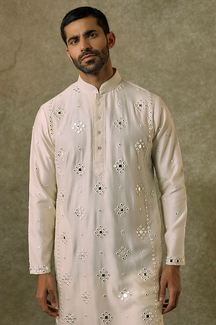 Ivory Silk Blend Mirror Embroidered Kurta Set by SAMMOHAN at Pernia's Pop Up Shop