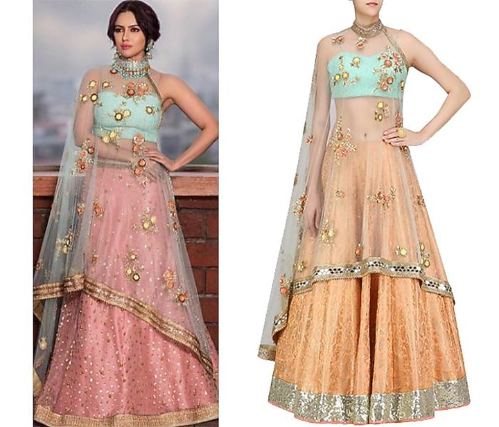 Orange handwoven brocade lehenga with blue bustier and floral work cape available only at Pernia's Pop Up Shop.