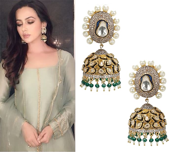 Nepra By Neha Goel presents Gold finish kundan and pearl jhumki earrings available only at Pernia's Pop Up Shop.