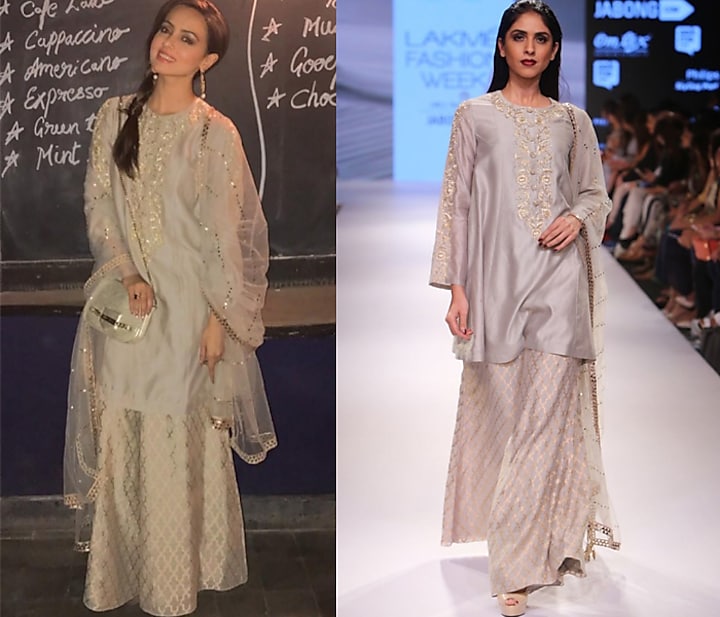 Grey embroidered kurta with Benarasi palazzo pants and mukaish dupatta available only at Pernia's Pop Up Shop.