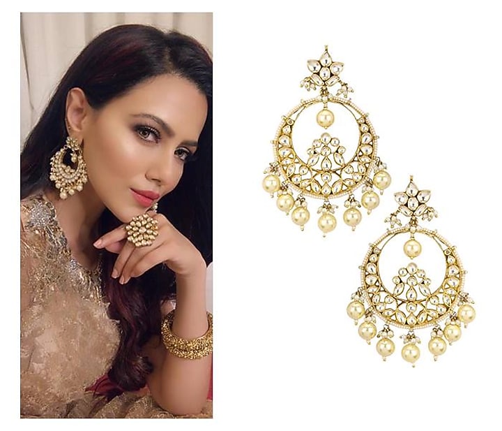 Raina Jewels presents Gold plated pink and white jadtar stones chandbali earrings available only at Pernia's Pop Up Shop.