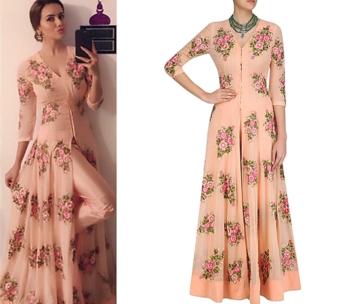 Peach floral motifs anarkali and straight pants set available only at Pernia's Pop Up Shop.
