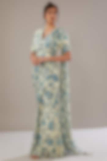 Ivory & Blue Georgette Lurex Floral Printed Saree Set by Sana Barreja