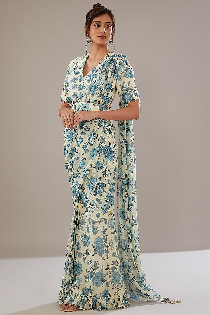 Ivory & Blue Georgette Lurex Floral Printed Saree Set by Sana Barreja