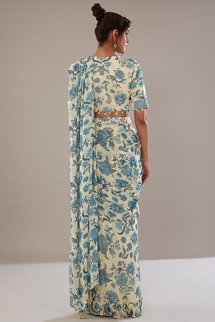 Ivory & Blue Georgette Lurex Floral Printed Wedding Saree Set by Sana Barreja at Pernia's Pop Up Shop