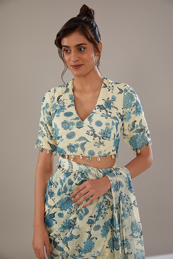 Ivory & Blue Georgette Lurex Floral Printed Wedding Saree Set by Sana Barreja at Pernia's Pop Up Shop