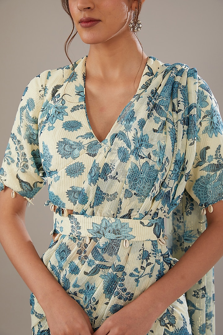 Ivory & Blue Georgette Lurex Floral Printed Wedding Saree Set by Sana Barreja at Pernia's Pop Up Shop