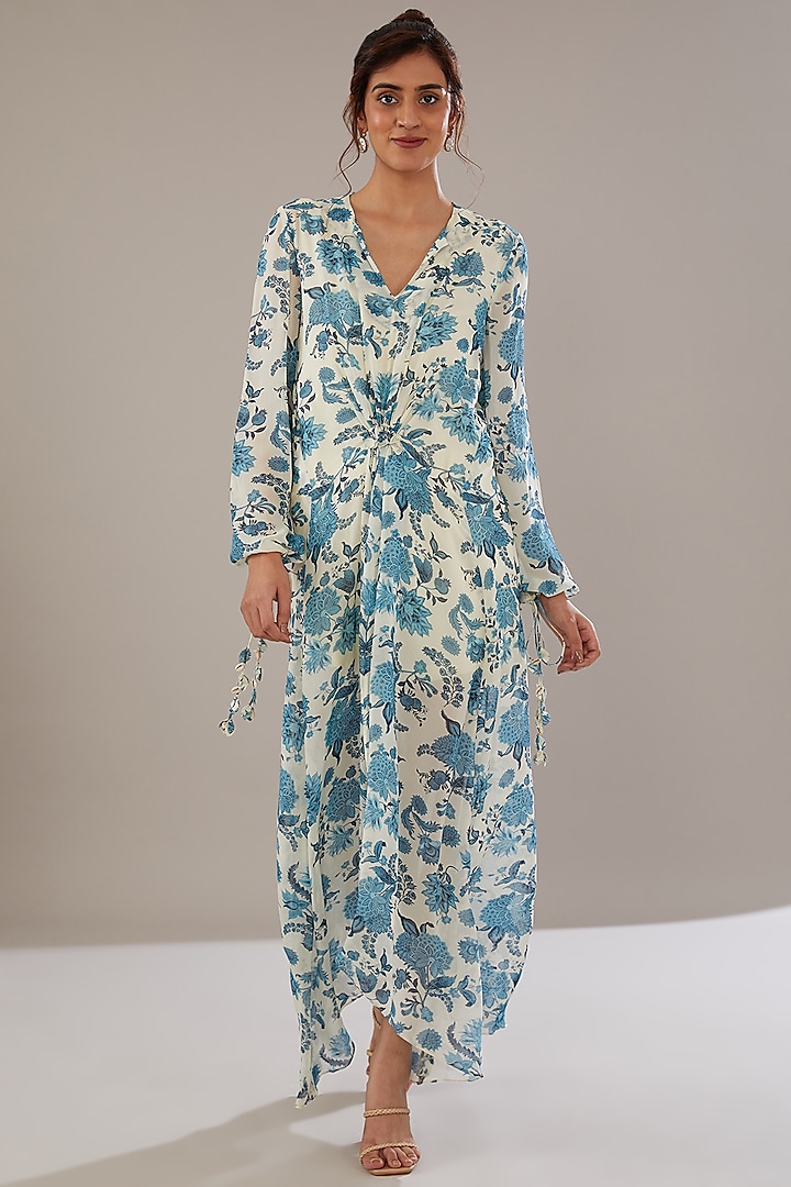 Ivory & Blue Georgette Floral Printed Kaftan Dress by Sana Barreja