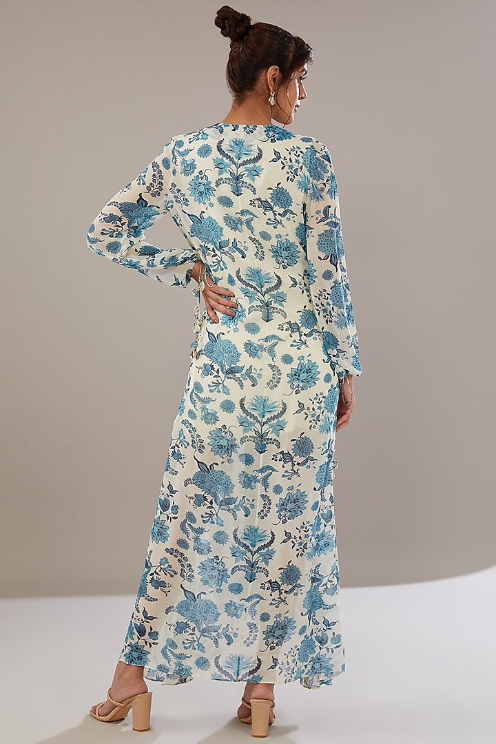 Ivory & Blue Georgette Floral Printed Kaftan Summer Dress by Sana Barreja at Pernia's Pop Up Shop