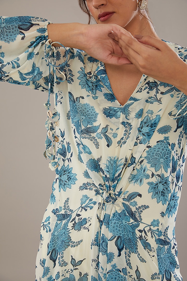 Ivory & Blue Georgette Floral Printed Kaftan Summer Dress by Sana Barreja at Pernia's Pop Up Shop