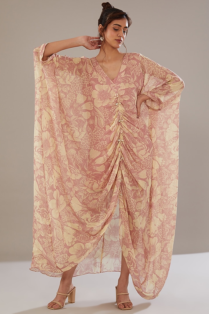Pastel Blue Floral Printed Kaftan Dress | Sougat Paul