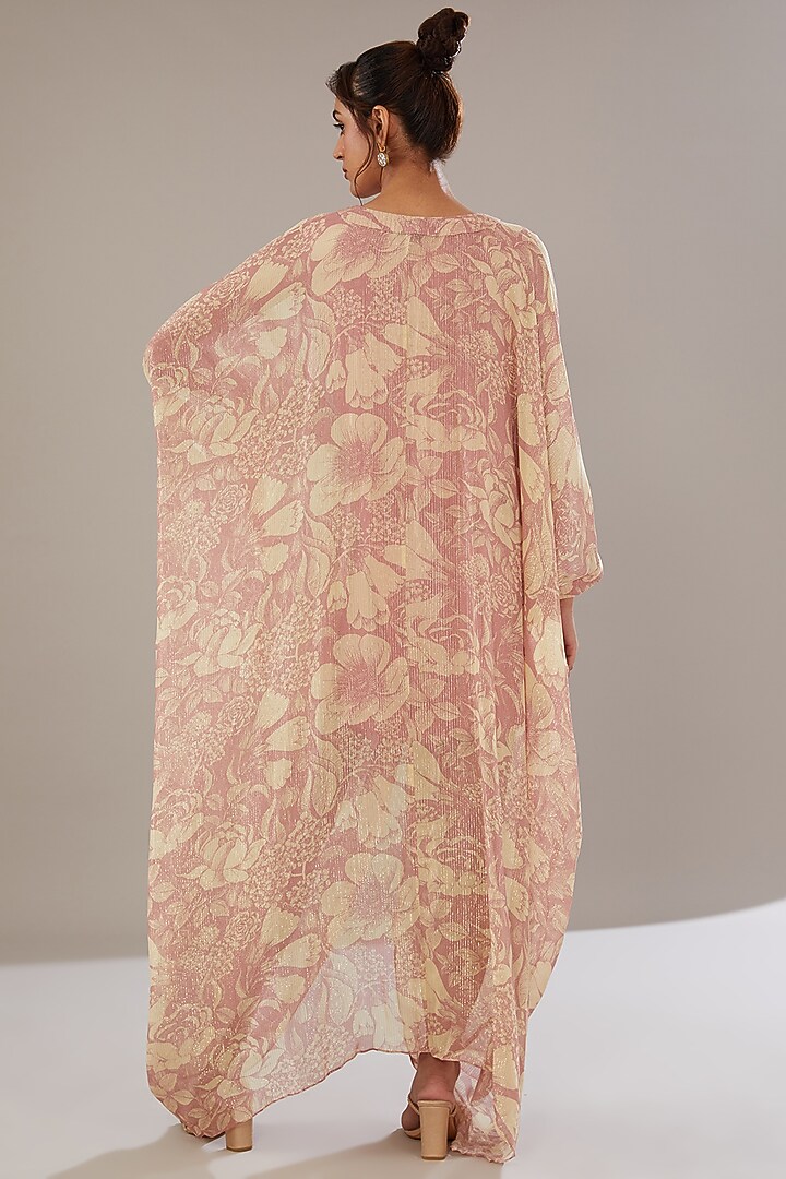 Rose Pink Georgette Lurex Floral Printed Kaftan Vacation Dress by Sana Barreja at Pernia's Pop Up Shop