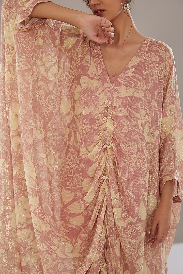 Rose Pink Georgette Lurex Floral Printed Kaftan Vacation Dress by Sana Barreja at Pernia's Pop Up Shop