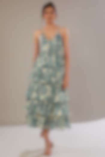 Teal Blue Georgette Floral Printed Skirt Set by Sana Barreja at Pernia's Pop Up Shop