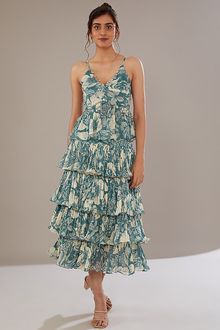 Teal Blue Georgette Floral Printed Skirt Set by Sana Barreja at Pernia's Pop Up Shop