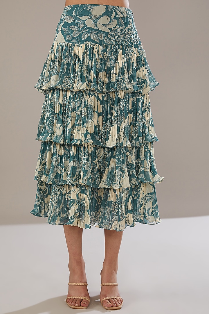 Teal Blue Georgette Floral Printed Skirt Set by Sana Barreja at Pernia's Pop Up Shop