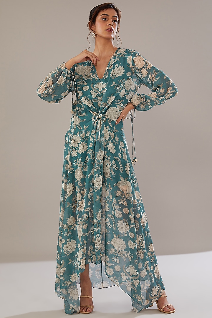 Teal Blue & Ivory Georgette Floral Printed Kaftan Summer Dress by Sana Barreja at Pernia's Pop Up Shop