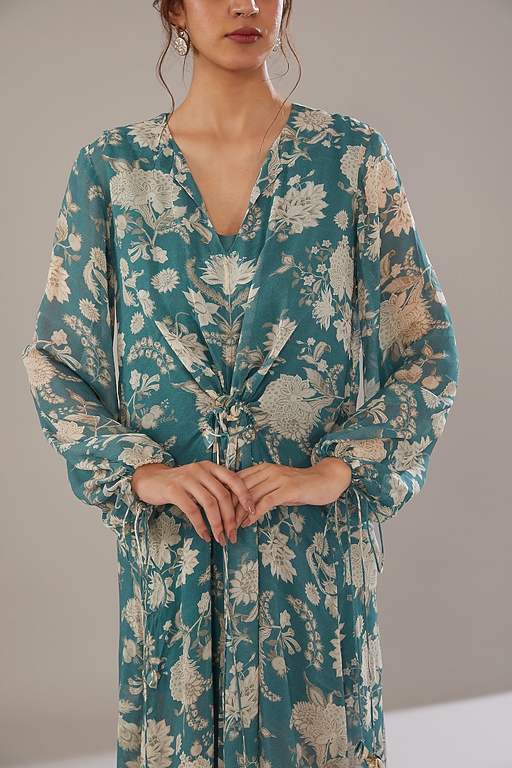 Teal Blue & Ivory Georgette Floral Printed Kaftan Summer Dress by Sana Barreja at Pernia's Pop Up Shop