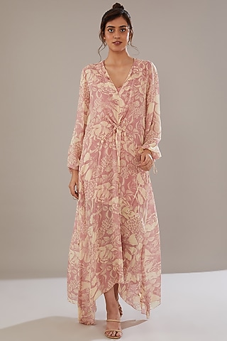 Rose Pink Georgette Floral Printed Kaftan Dress by Sana Barreja