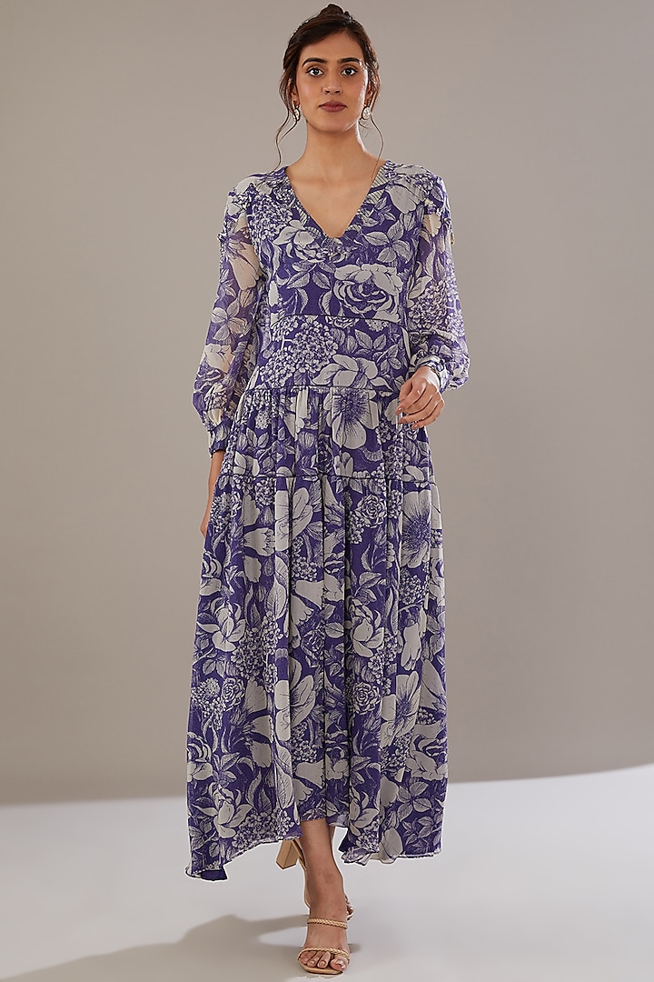 Indigo Blue Chiffon Floral Printed Dress by Sana Barreja at Pernia's Pop Up Shop