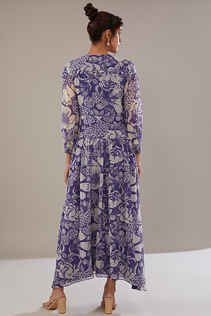 Indigo Blue Chiffon Floral Printed Vacation Dress by Sana Barreja at Pernia's Pop Up Shop
