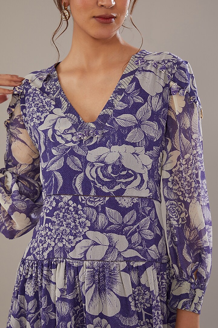 Indigo Blue Chiffon Floral Printed Vacation Dress by Sana Barreja at Pernia's Pop Up Shop