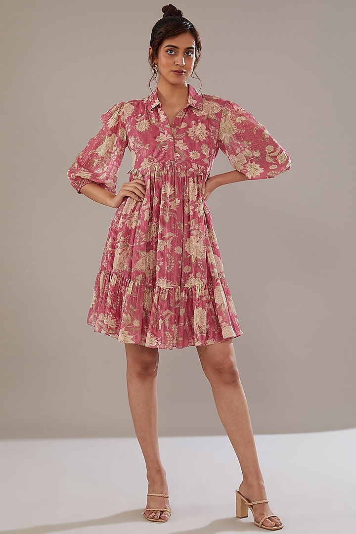 Pink Georgette Lurex Floral Printed Dress by Sana Barreja