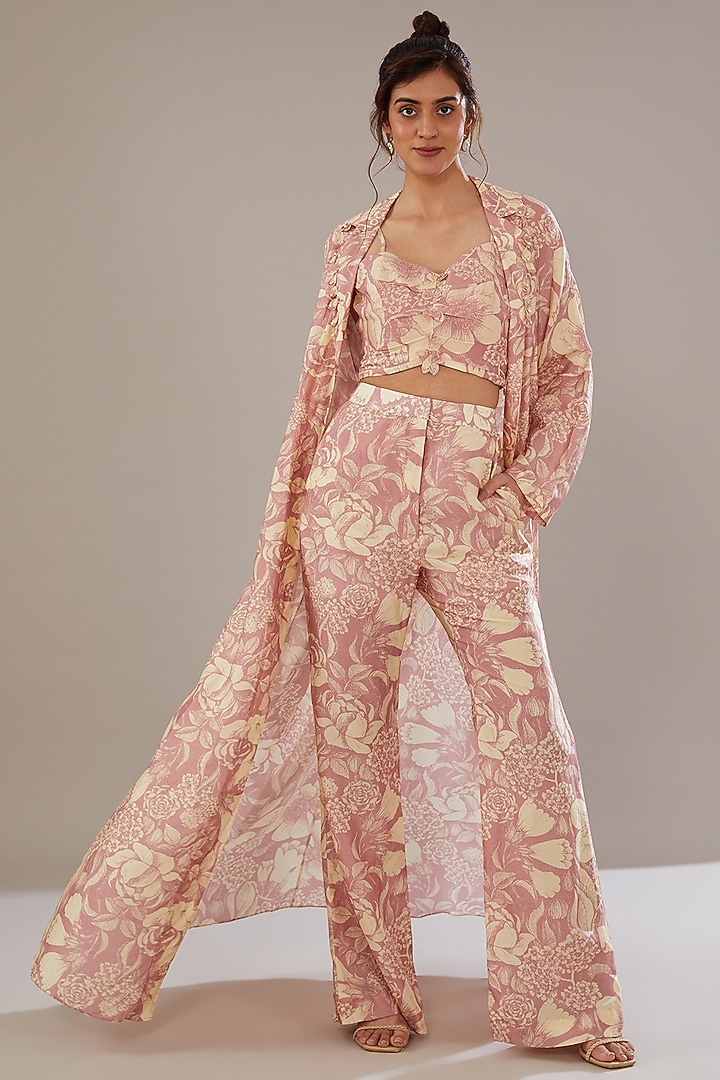 Rose Pink Bemberg Silk Floral Printed Jacket Set by Sana Barreja at Pernia's Pop Up Shop