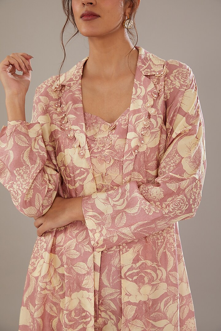 Rose Pink Bemberg Silk Floral Printed Jacket Set by Sana Barreja at Pernia's Pop Up Shop