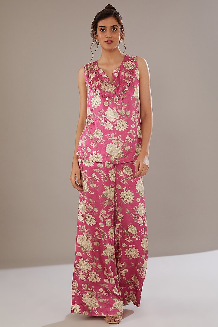 Pink Modal Floral Printed Jacket Set by Sana Barreja at Pernia's Pop Up Shop