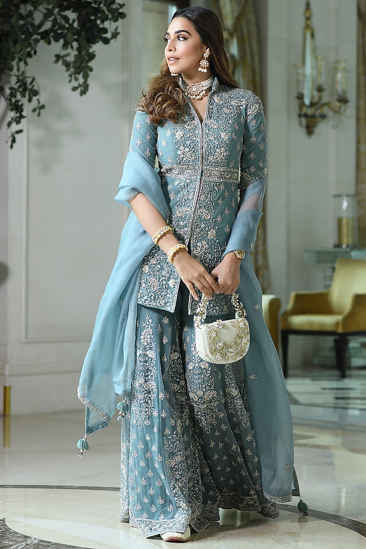 Ice Blue Hand Embroidered Gharara Set by Sana Barreja