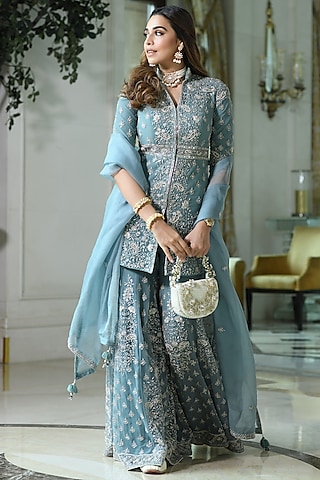 Ice Blue Hand Embroidered Gharara Set by Sana Barreja