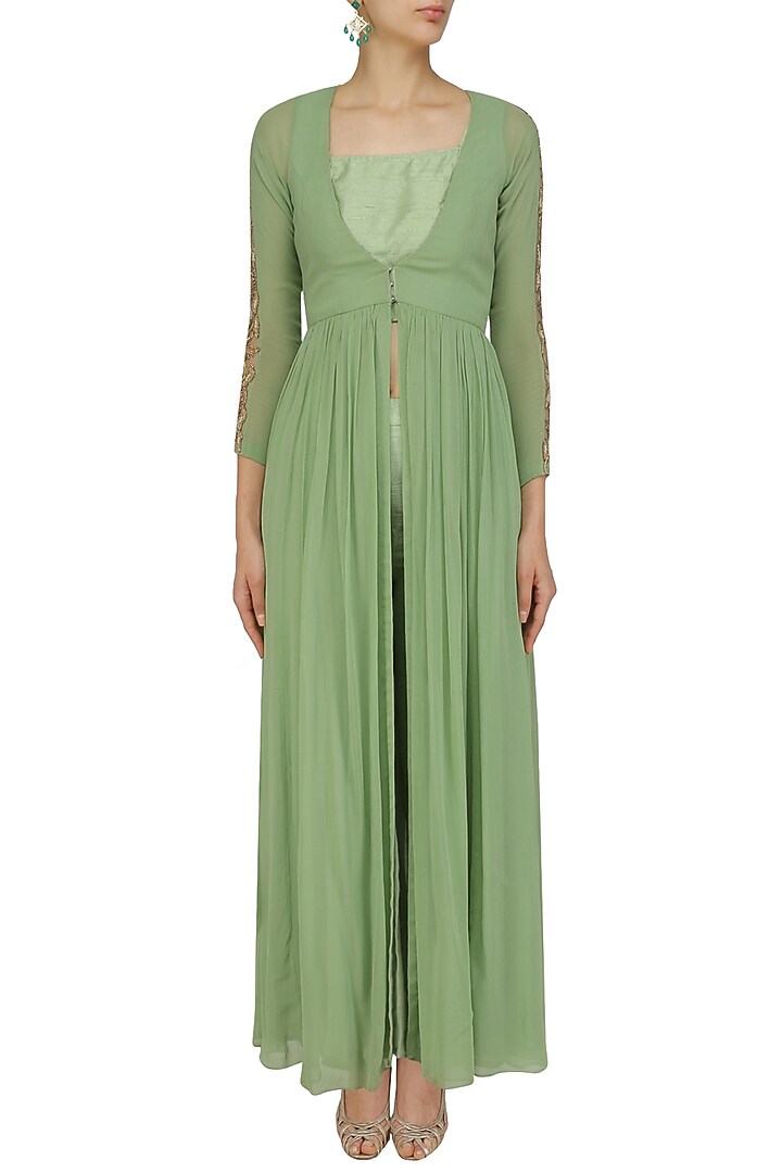 Olive green embellished kurta, bustier and pants set available only at Pernia's Pop Up Shop.
