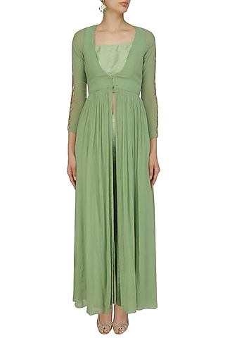 Olive Green Embellished Kurta, Bustier and Pants Set by Sanya Gulati