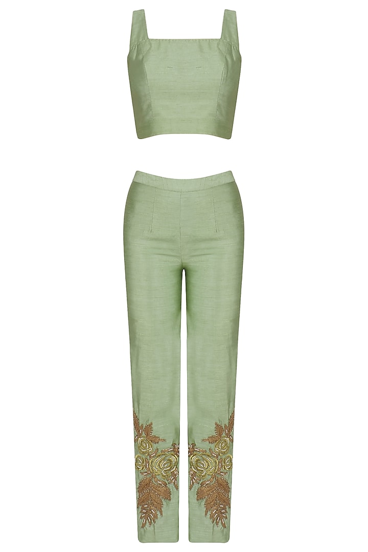 Olive green embellished kurta, bustier and pants set available only at Pernia's Pop Up Shop.