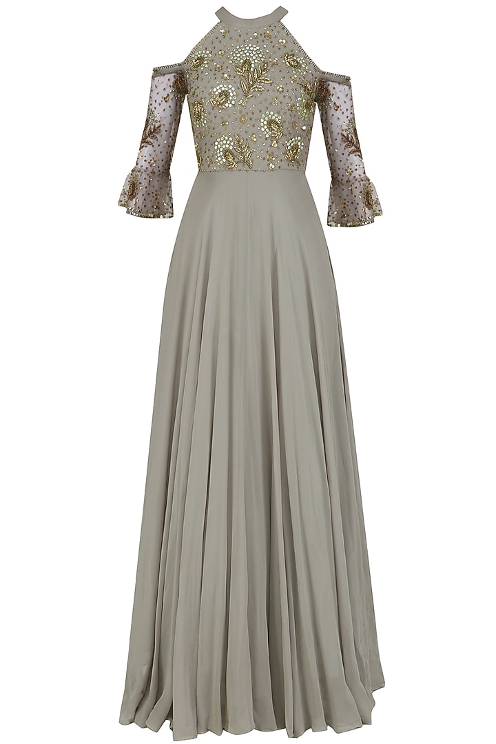 Ash grey metallic sequins cold shoulder gown available only at Pernia's Pop Up Shop.