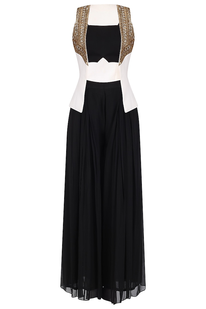 Black bustier, palazzo pants and white embellished jacket set available only at Pernia's Pop Up Shop.