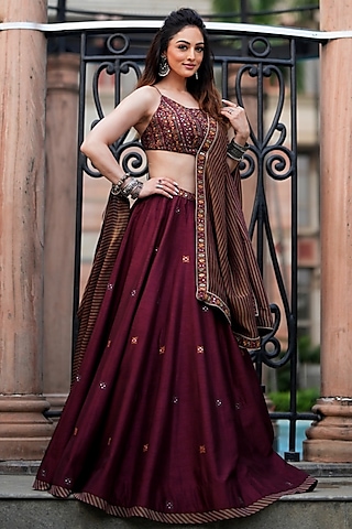 Maroon Silk Hand Embroidered Lehenga Set by Kritika Dawar