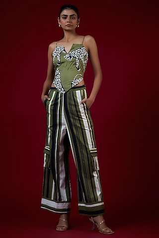 Olive Green Twill Cotton Cheetah Printed Co-Ord Set by Saangi