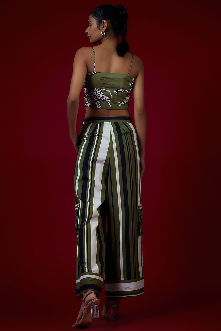 Olive Green Twill Cotton Cheetah Printed Co-Ord Set by Saangi at Pernia's Pop Up Shop