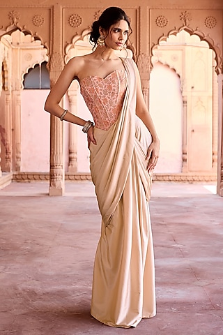 Blush Pink Jacquard & Satin Pre-Stitched Saree Set by Saanjh by Lea